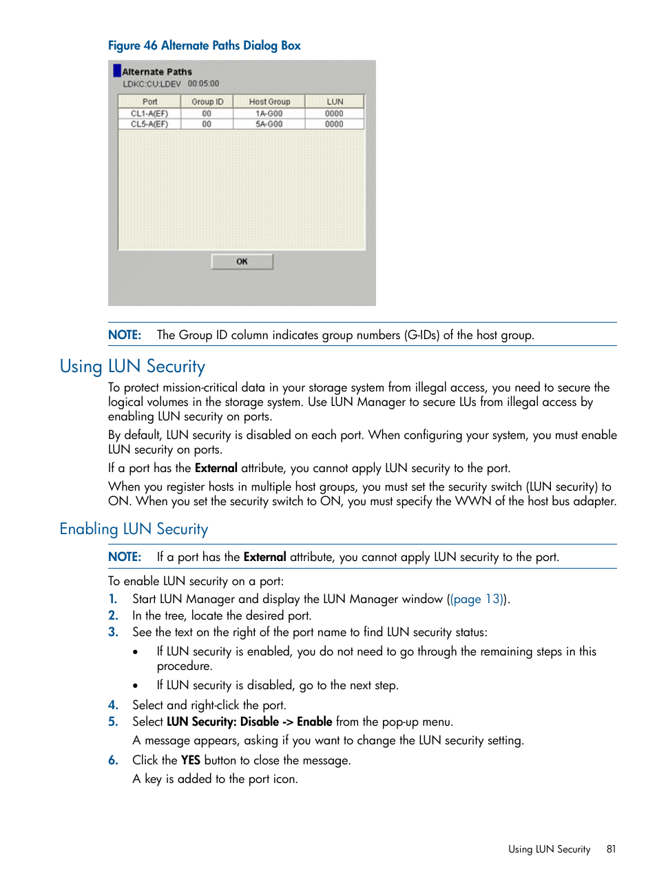 Using lun security, Enabling lun security | HP StorageWorks XP Remote Web Console Software User Manual | Page 81 / 108