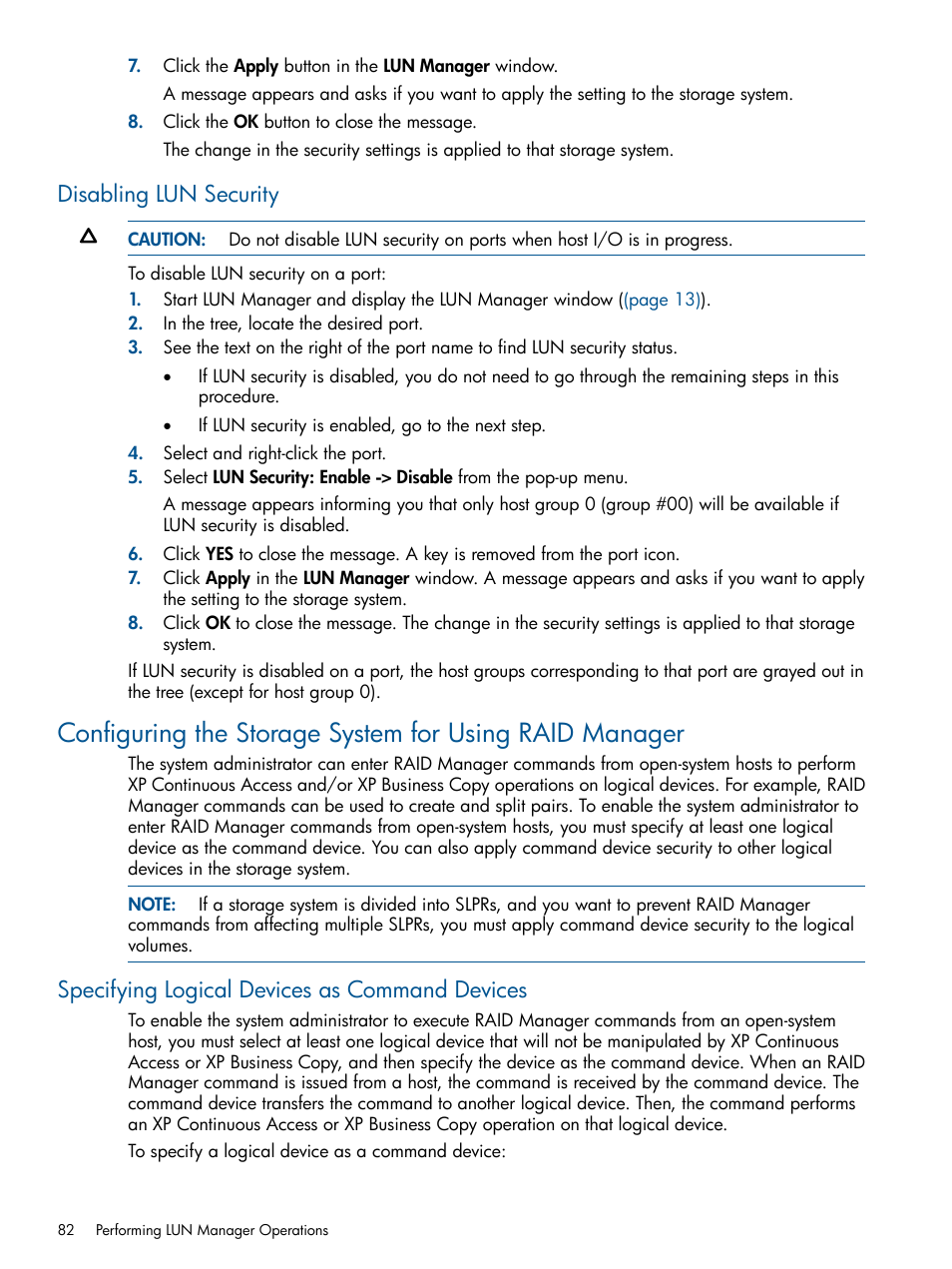 Disabling lun security, Specifying logical devices as command devices | HP StorageWorks XP Remote Web Console Software User Manual | Page 82 / 108