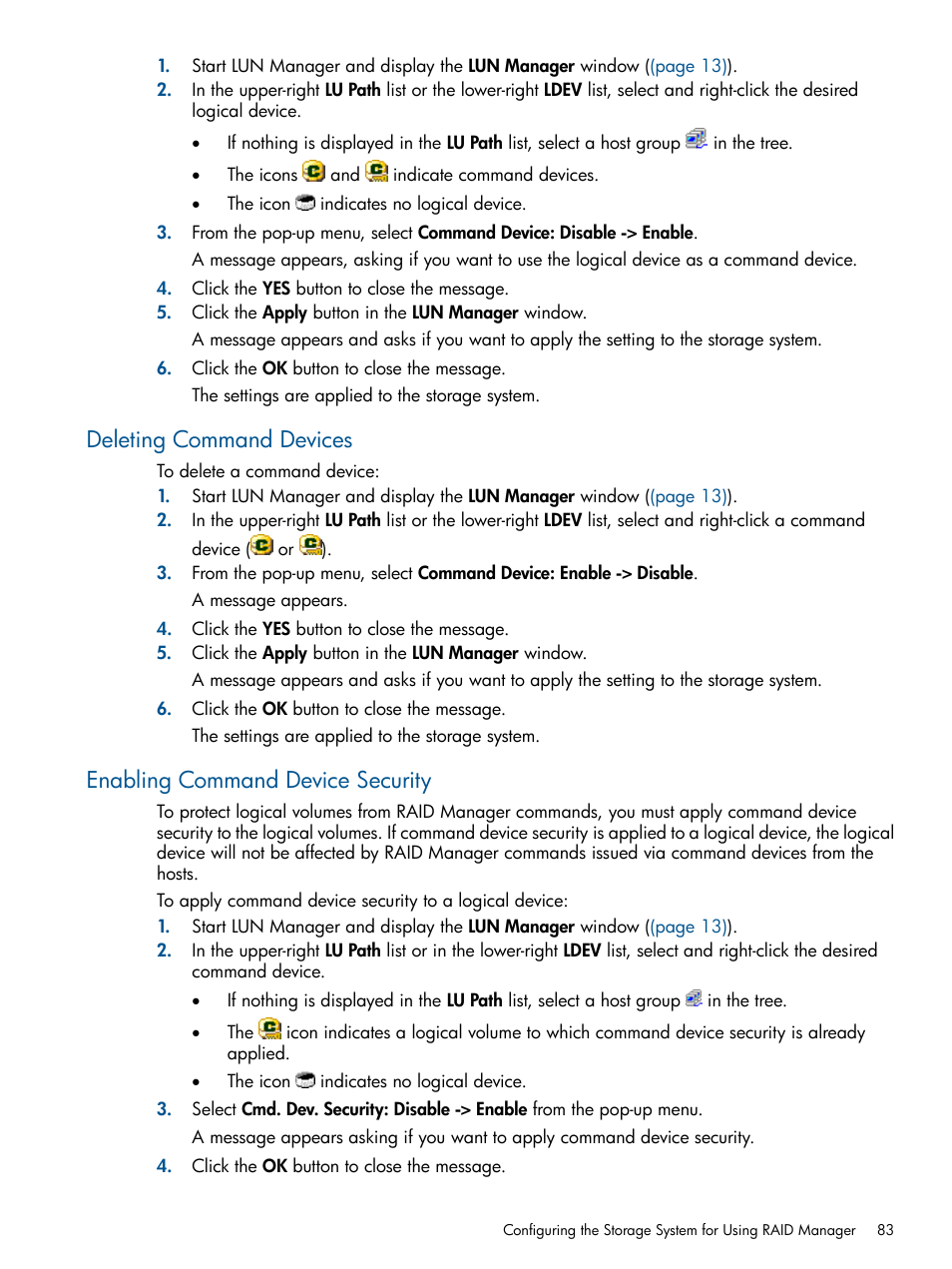 Deleting command devices, Enabling command device security | HP StorageWorks XP Remote Web Console Software User Manual | Page 83 / 108