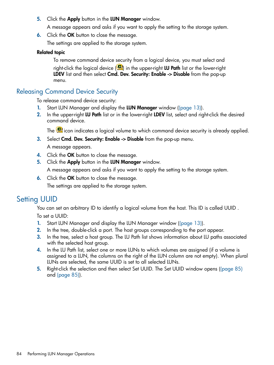 Releasing command device security, Setting uuid | HP StorageWorks XP Remote Web Console Software User Manual | Page 84 / 108