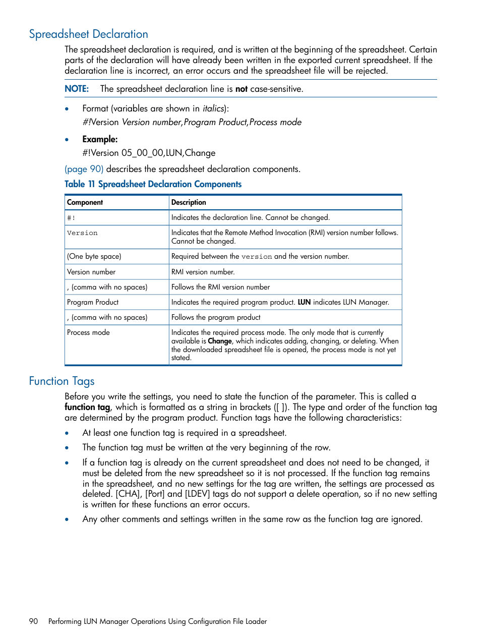 Spreadsheet declaration, Function tags, Spreadsheet declaration function tags | HP StorageWorks XP Remote Web Console Software User Manual | Page 90 / 108