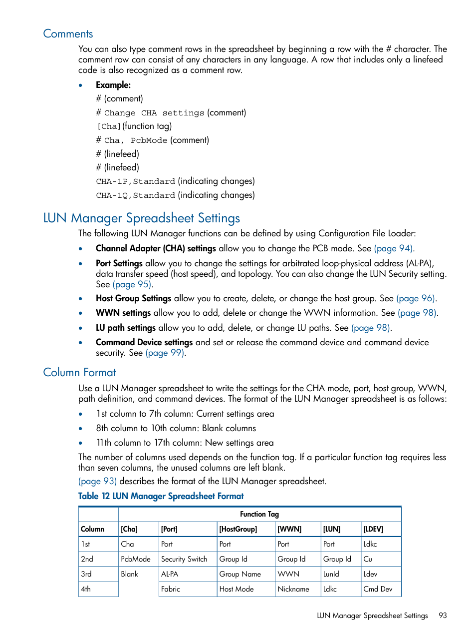 Comments, Lun manager spreadsheet settings, Column format | HP StorageWorks XP Remote Web Console Software User Manual | Page 93 / 108