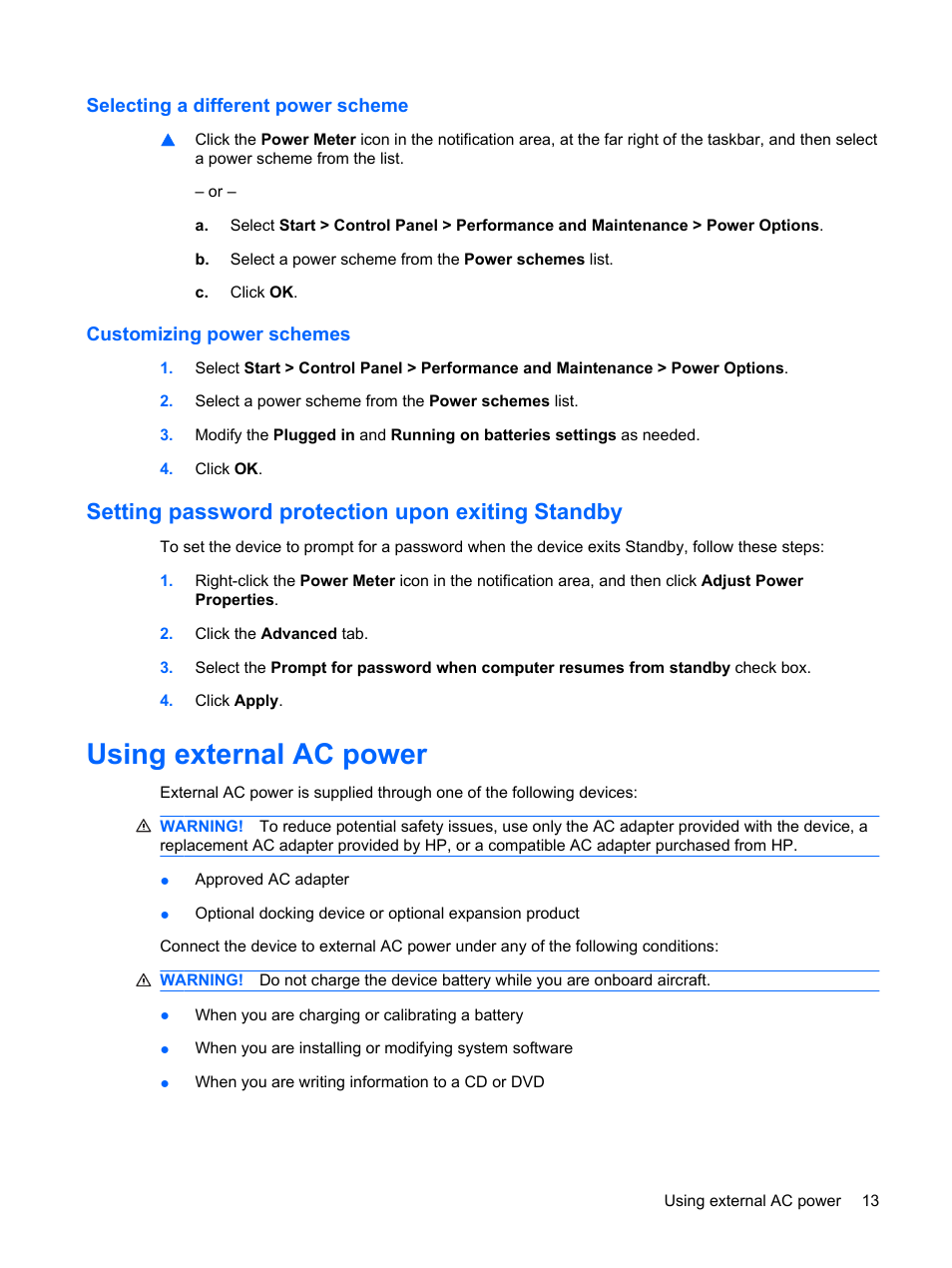 Selecting a different power scheme, Customizing power schemes, Setting password protection upon exiting standby | Using external ac power | HP Compaq Mini 110c-1040DX PC User Manual | Page 21 / 83