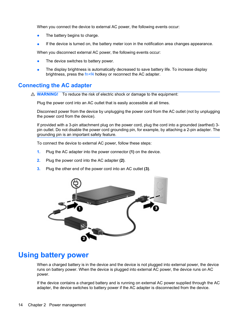 Connecting the ac adapter, Using battery power | HP Compaq Mini 110c-1040DX PC User Manual | Page 22 / 83