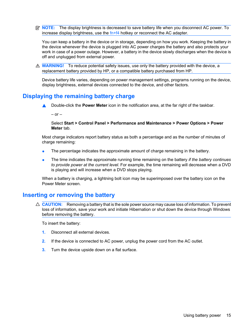 Displaying the remaining battery charge, Inserting or removing the battery | HP Compaq Mini 110c-1040DX PC User Manual | Page 23 / 83