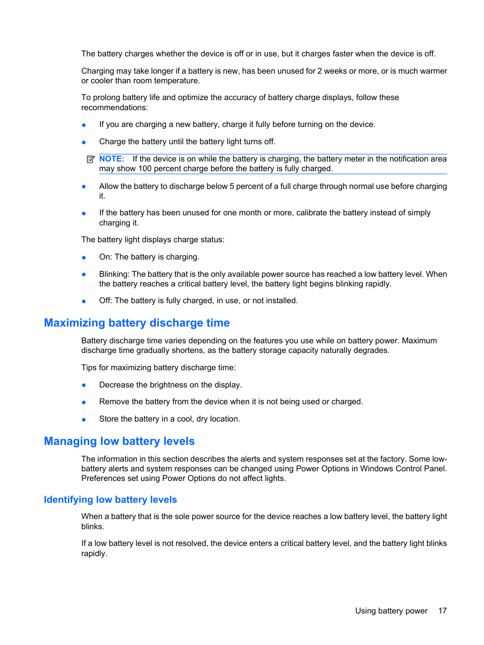 Maximizing battery discharge time, Managing low battery levels, Identifying low battery levels | HP Compaq Mini 110c-1040DX PC User Manual | Page 25 / 83