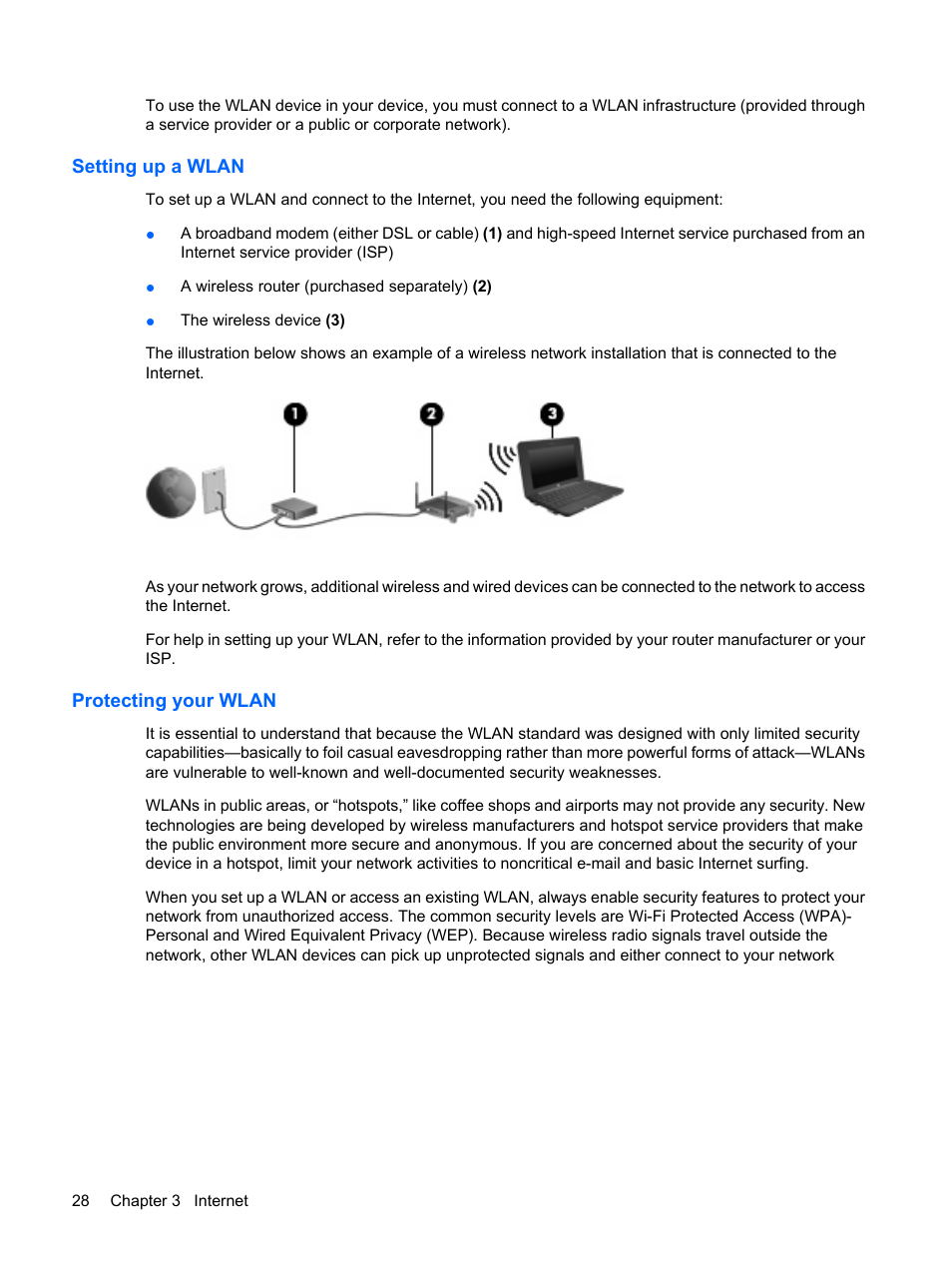 Setting up a wlan, Protecting your wlan, Setting up a wlan protecting your wlan | HP Compaq Mini 110c-1040DX PC User Manual | Page 36 / 83