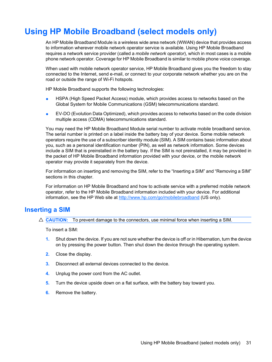 Using hp mobile broadband (select models only), Inserting a sim | HP Compaq Mini 110c-1040DX PC User Manual | Page 39 / 83