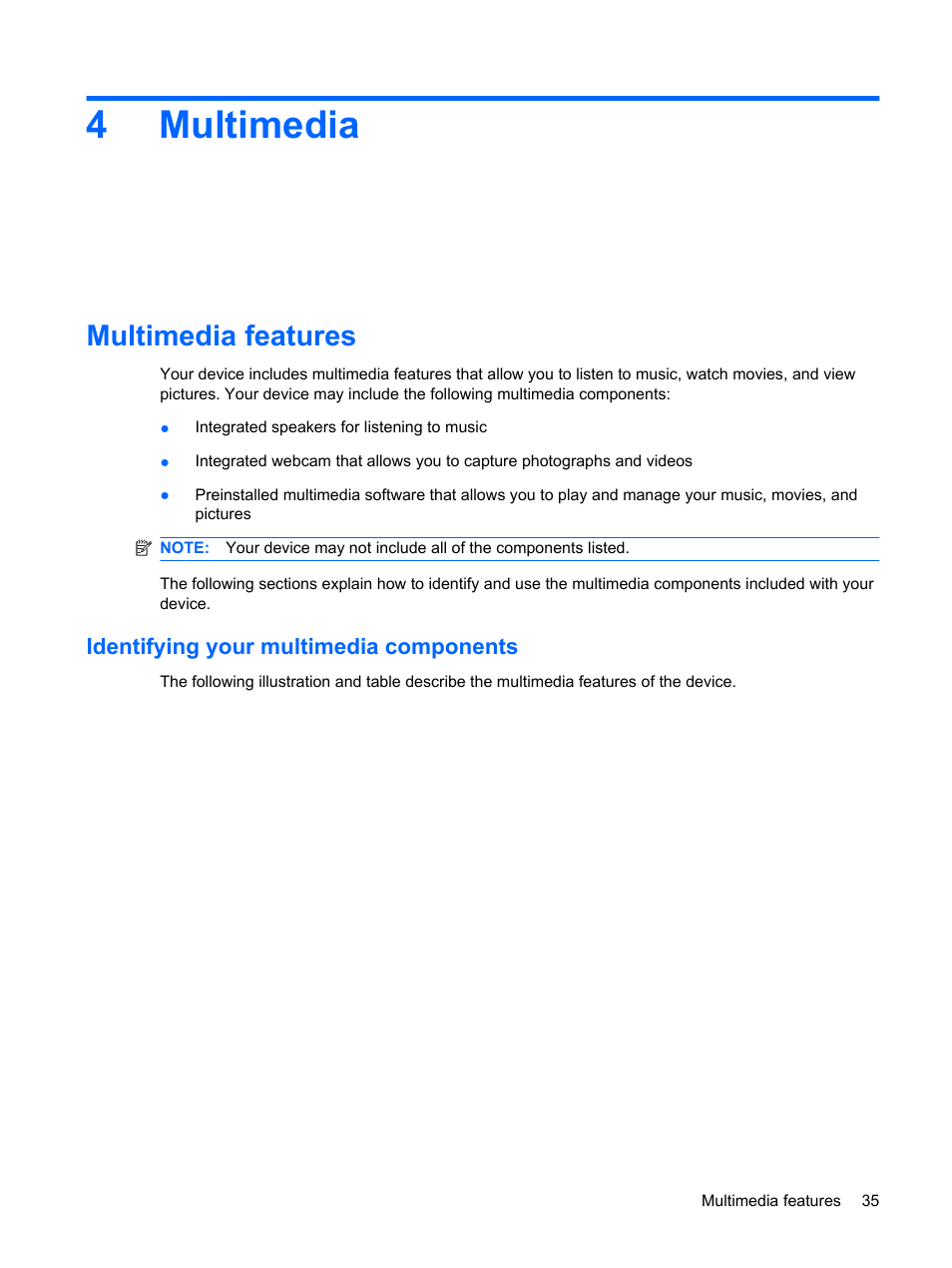 Multimedia, Multimedia features, Identifying your multimedia components | 4 multimedia, 4multimedia | HP Compaq Mini 110c-1040DX PC User Manual | Page 43 / 83