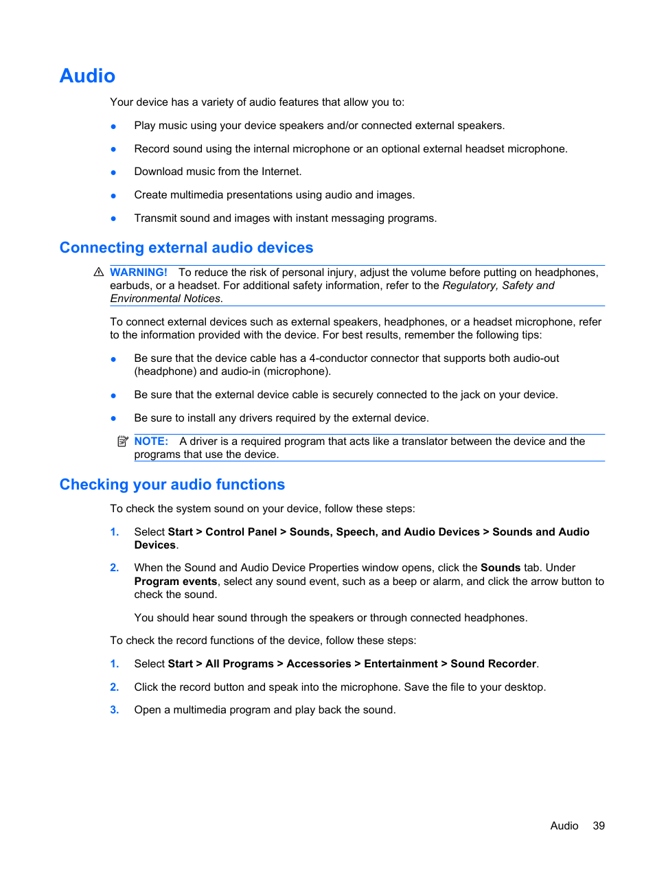 Audio, Connecting external audio devices, Checking your audio functions | HP Compaq Mini 110c-1040DX PC User Manual | Page 47 / 83