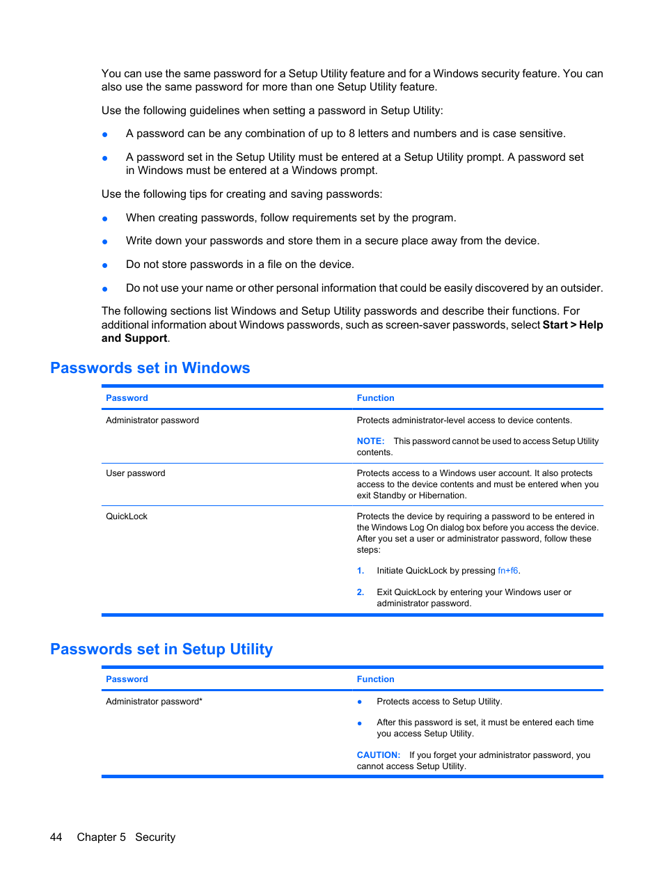 Passwords set in windows, Passwords set in setup utility | HP Compaq Mini 110c-1040DX PC User Manual | Page 52 / 83