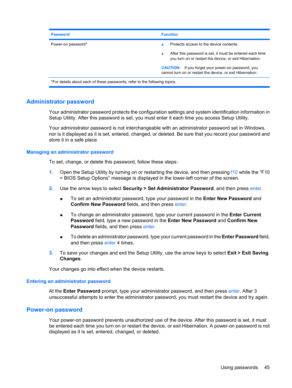 Administrator password, Managing an administrator password, Entering an administrator password | Power-on password | HP Compaq Mini 110c-1040DX PC User Manual | Page 53 / 83