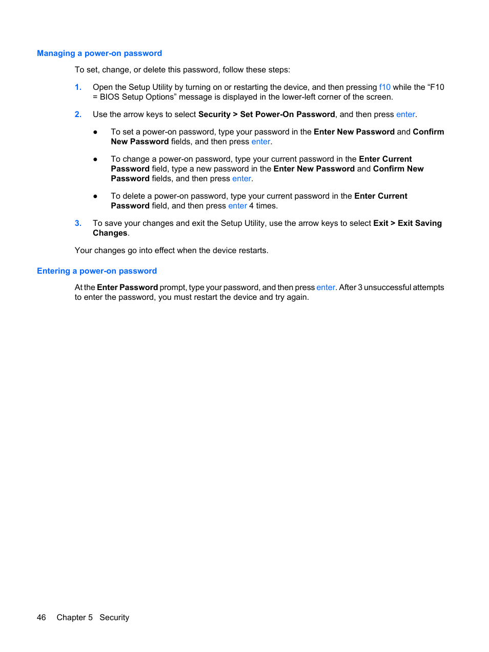 Managing a power-on password, Entering a power-on password | HP Compaq Mini 110c-1040DX PC User Manual | Page 54 / 83