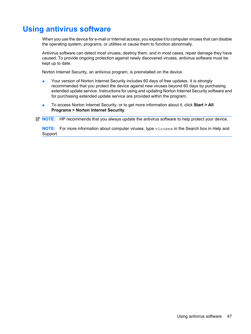 Using antivirus software | HP Compaq Mini 110c-1040DX PC User Manual | Page 55 / 83
