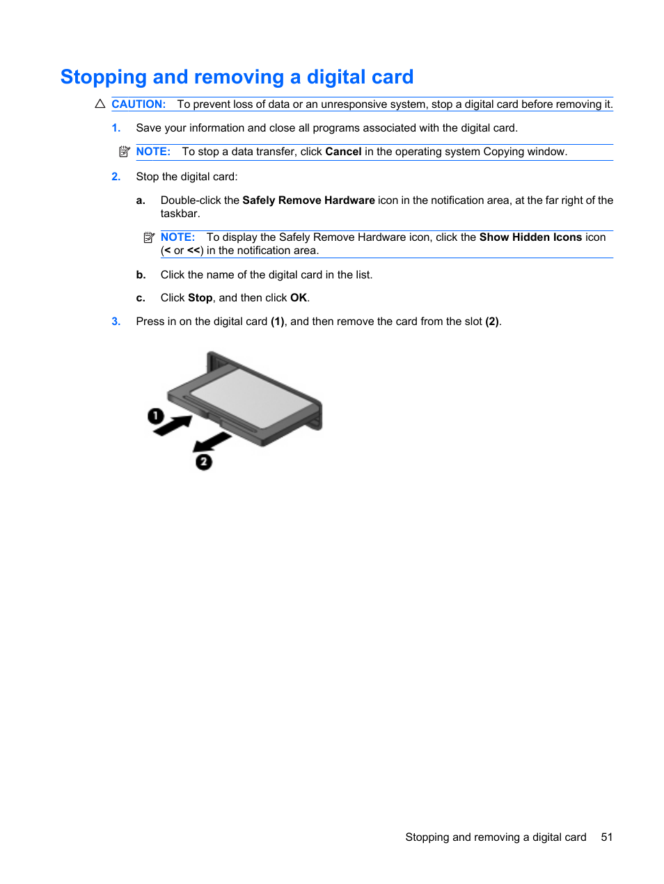 Stopping and removing a digital card | HP Compaq Mini 110c-1040DX PC User Manual | Page 59 / 83