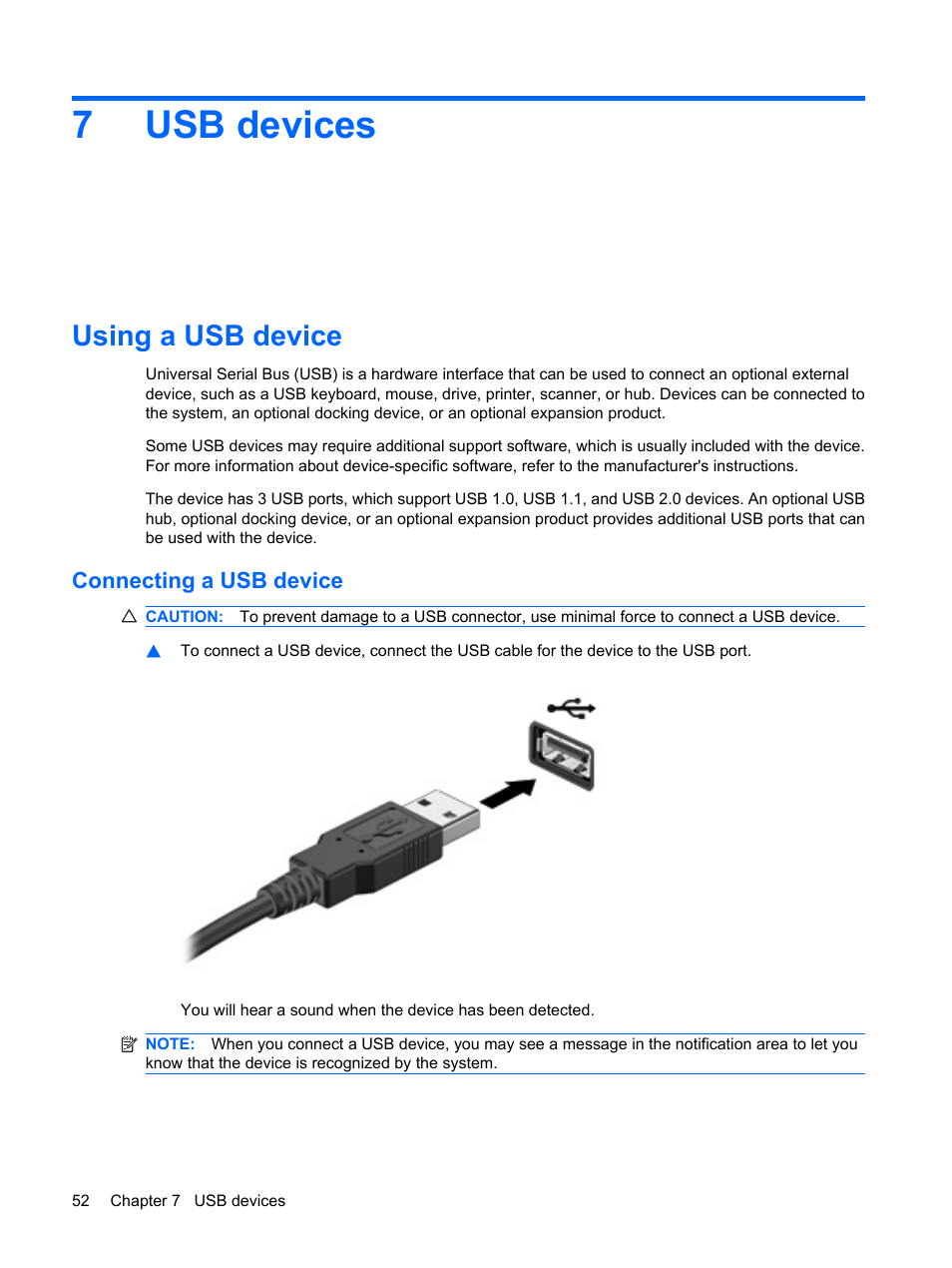 Usb devices, Using a usb device, Connecting a usb device | 7 usb devices, 7usb devices | HP Compaq Mini 110c-1040DX PC User Manual | Page 60 / 83