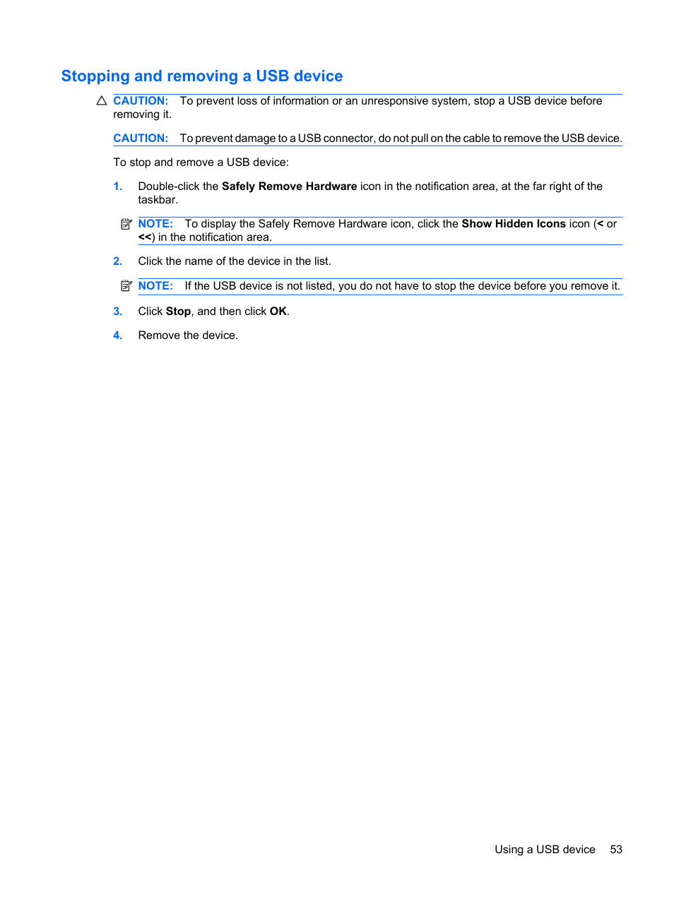 Stopping and removing a usb device | HP Compaq Mini 110c-1040DX PC User Manual | Page 61 / 83