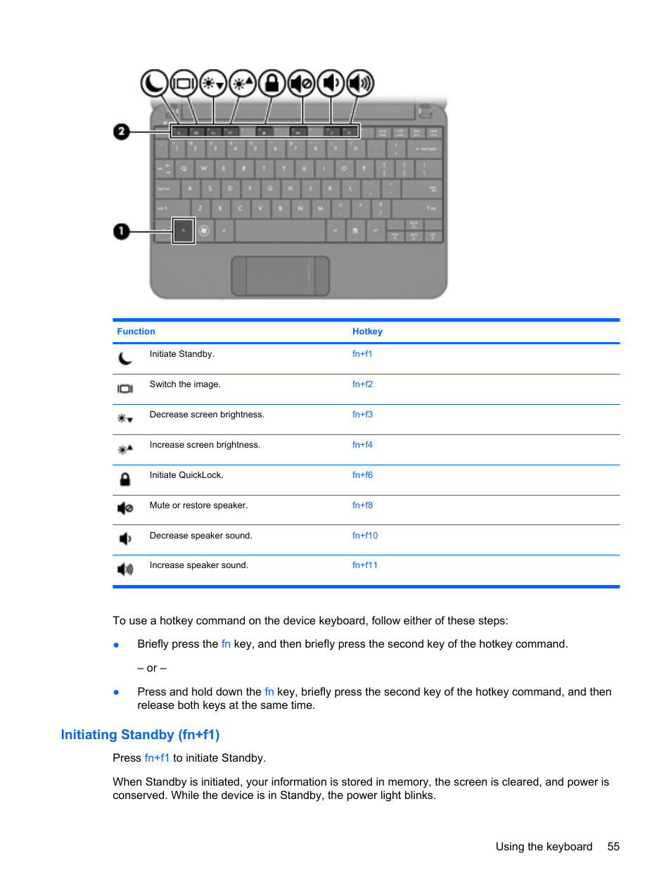 Initiating standby (fn+f1) | HP Compaq Mini 110c-1040DX PC User Manual | Page 63 / 83