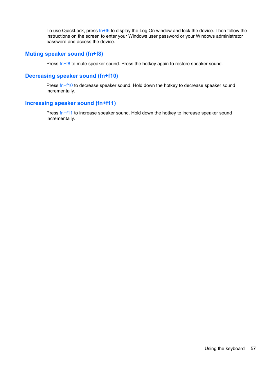 Muting speaker sound (fn+f8), Decreasing speaker sound (fn+f10), Increasing speaker sound (fn+f11) | HP Compaq Mini 110c-1040DX PC User Manual | Page 65 / 83