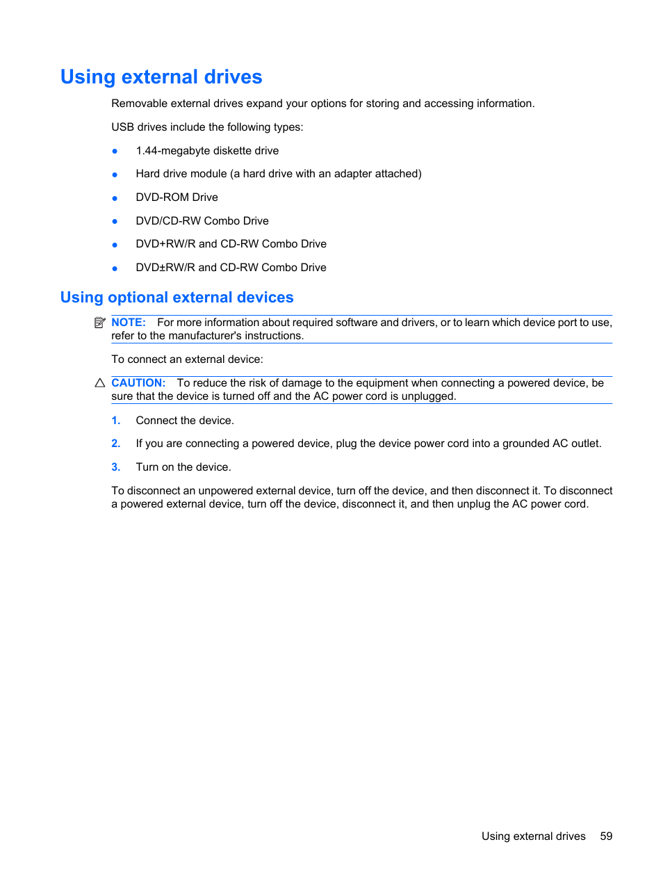 Using external drives, Using optional external devices | HP Compaq Mini 110c-1040DX PC User Manual | Page 67 / 83