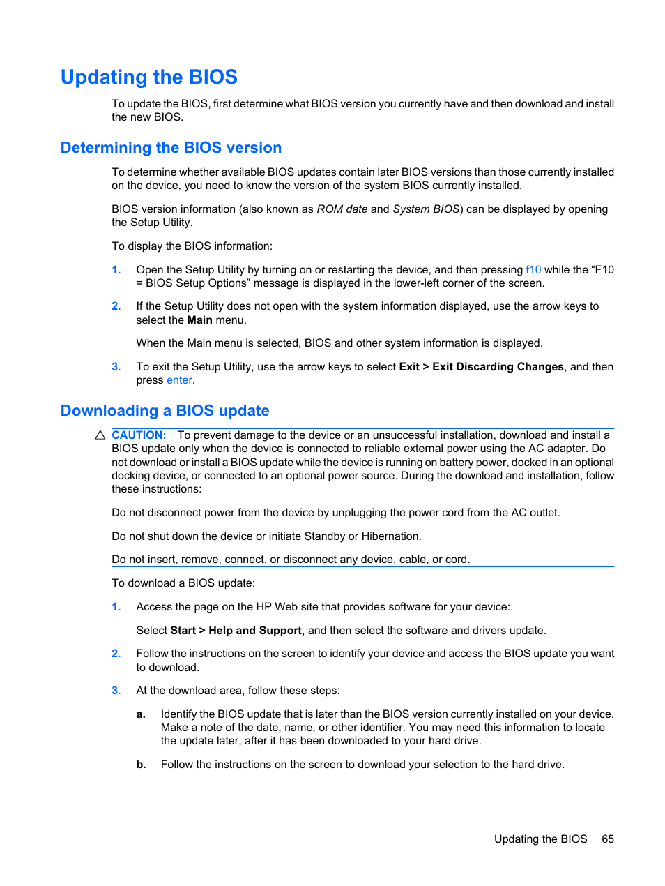 Updating the bios, Determining the bios version, Downloading a bios update | HP Compaq Mini 110c-1040DX PC User Manual | Page 73 / 83