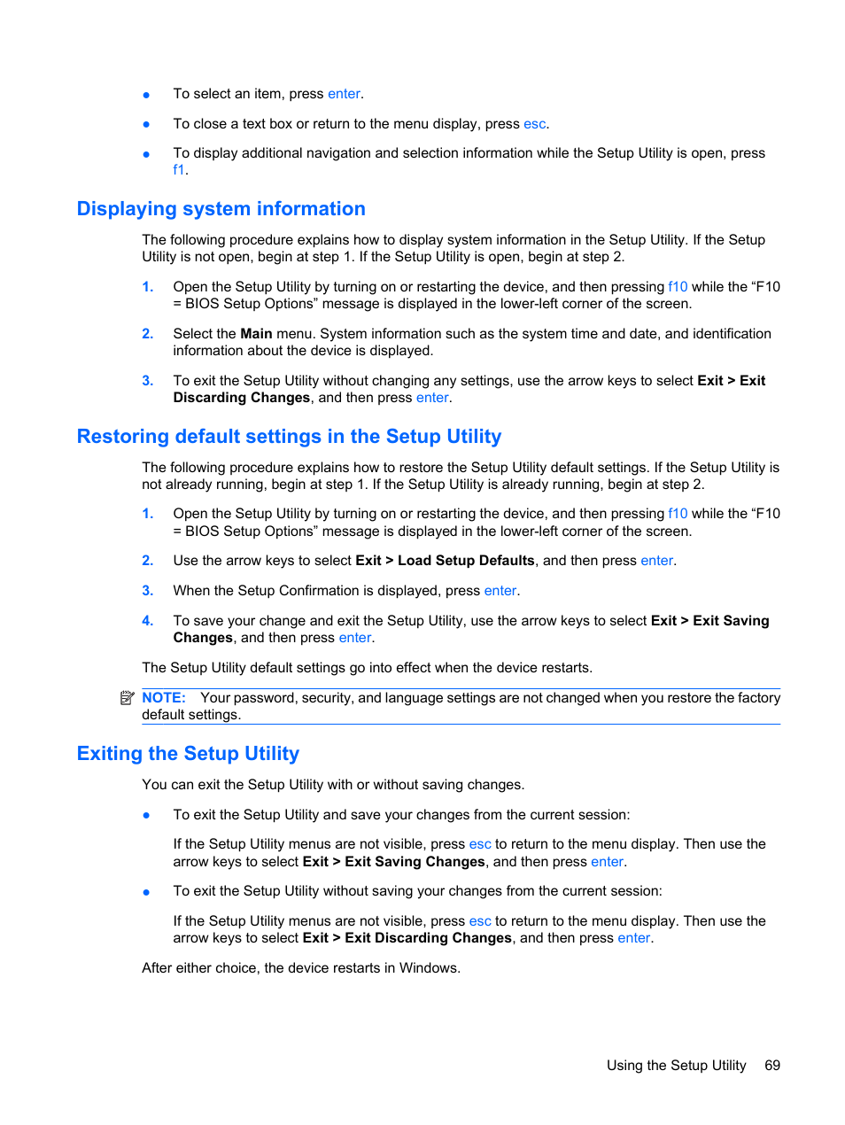 Displaying system information, Restoring default settings in the setup utility, Exiting the setup utility | HP Compaq Mini 110c-1040DX PC User Manual | Page 77 / 83