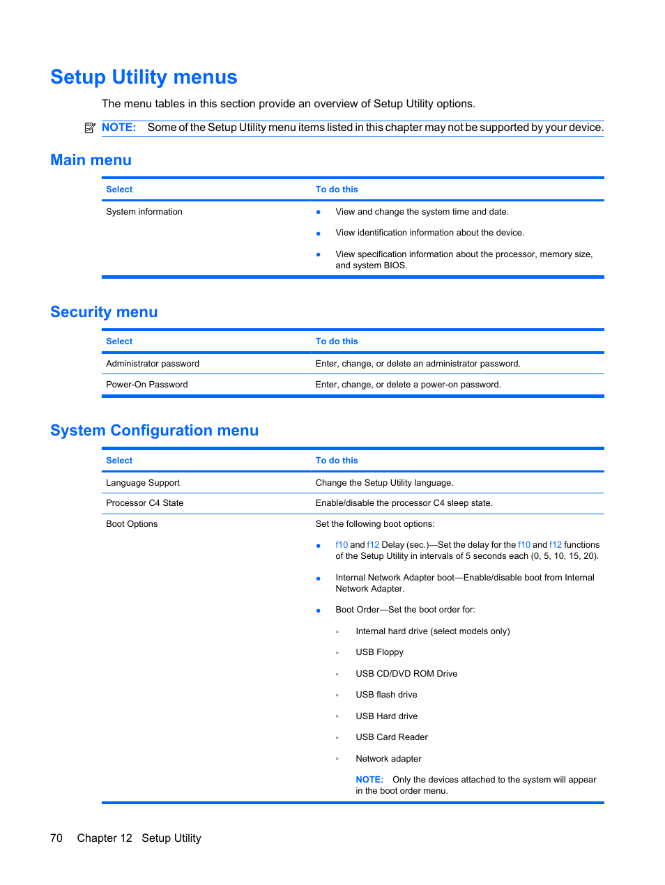 Setup utility menus, Main menu, Security menu | System configuration menu, Main menu security menu system configuration menu | HP Compaq Mini 110c-1040DX PC User Manual | Page 78 / 83