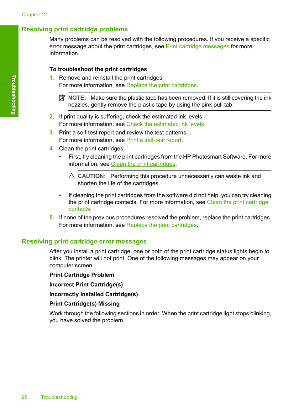 Resolving print cartridge problems, Resolving print cartridge error messages | HP Deskjet F4240 All-in-One Printer User Manual | Page 101 / 227