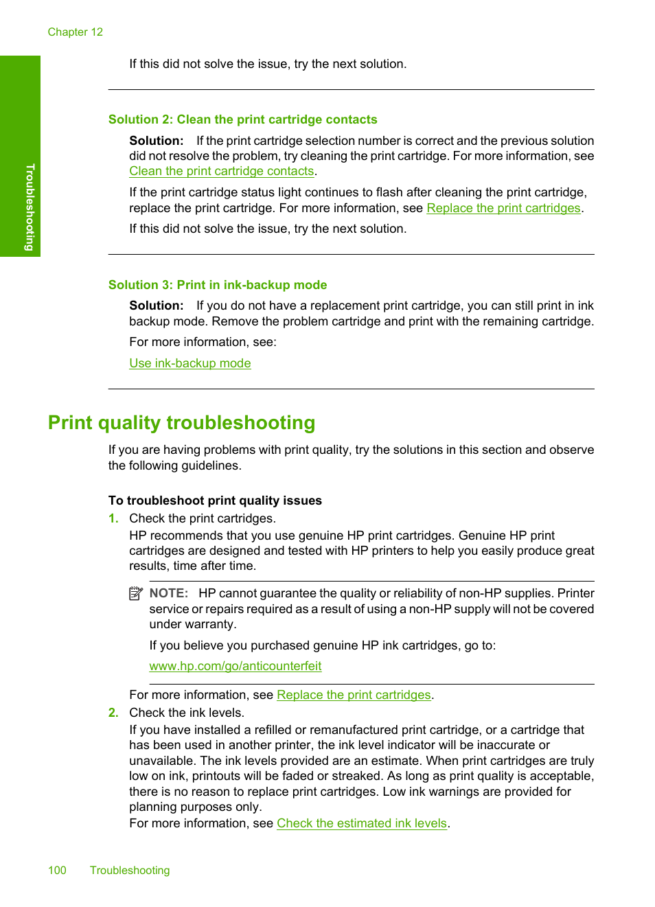 Print quality troubleshooting, Solution 2: clean the print cartridge contacts, Solution 3: print in ink-backup mode | HP Deskjet F4240 All-in-One Printer User Manual | Page 103 / 227