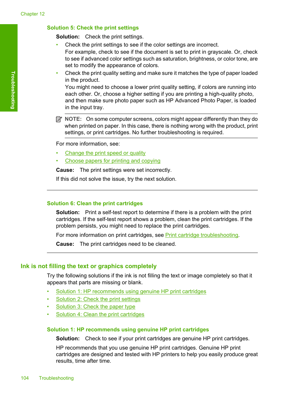 Ink is not filling the text or graphics completely, Solution 5: check the print settings, Solution 6: clean the print cartridges | HP Deskjet F4240 All-in-One Printer User Manual | Page 107 / 227