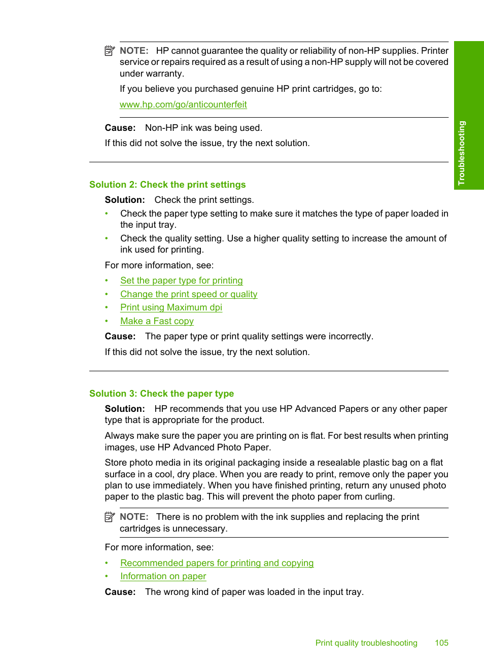 Solution 2: check the print settings, Solution 3: check the paper type | HP Deskjet F4240 All-in-One Printer User Manual | Page 108 / 227