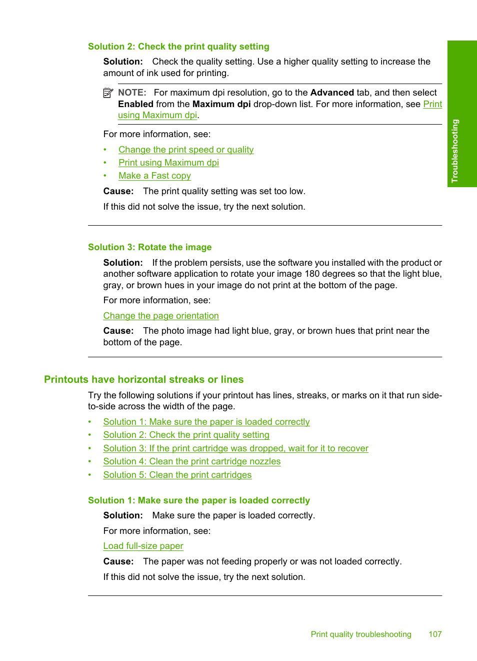 Printouts have horizontal streaks or lines, Solution 2: check the print quality setting, Solution 3: rotate the image | HP Deskjet F4240 All-in-One Printer User Manual | Page 110 / 227
