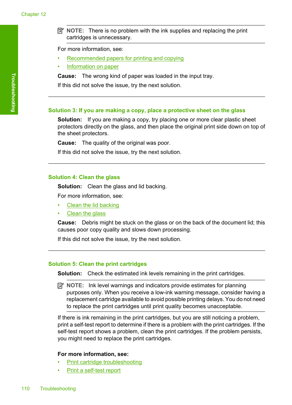 Solution 4: clean the glass, Solution 5: clean the print cartridges | HP Deskjet F4240 All-in-One Printer User Manual | Page 113 / 227