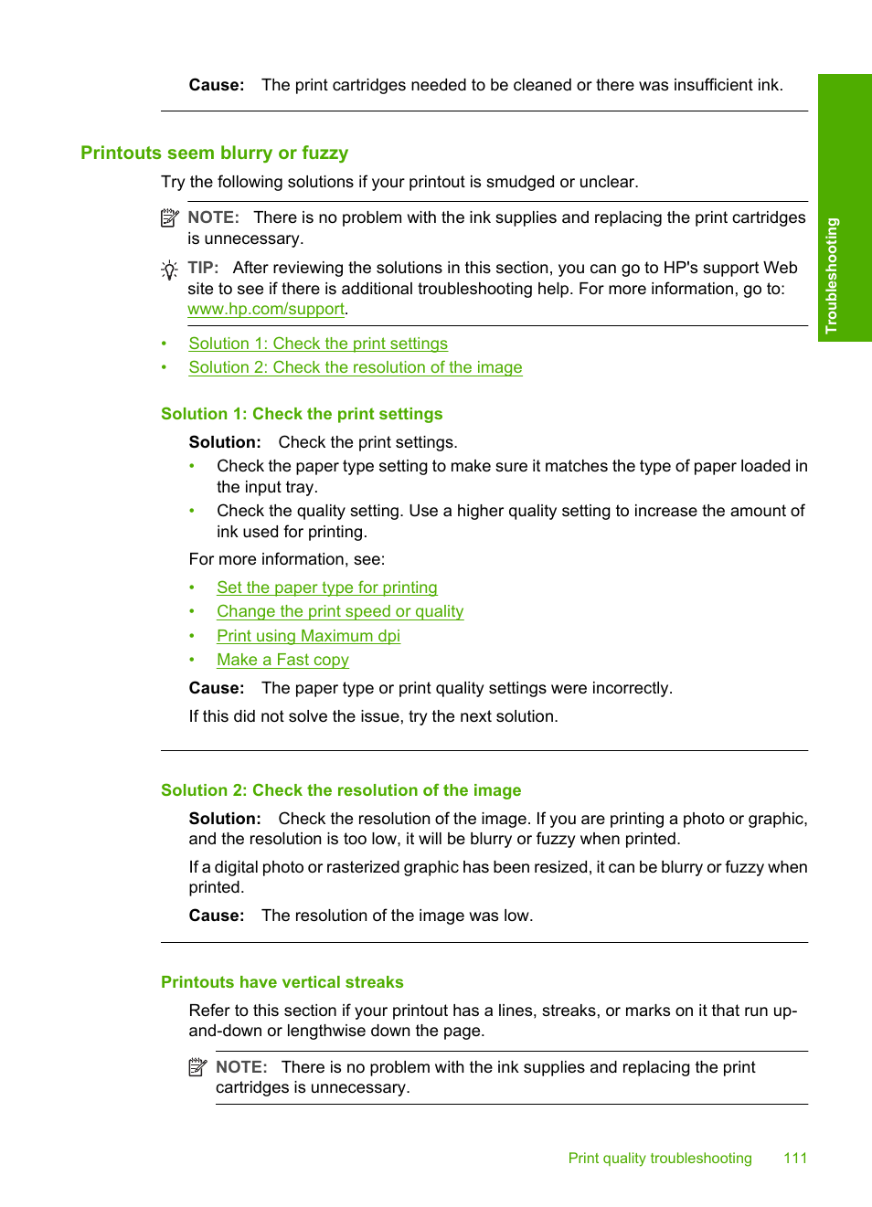 Printouts seem blurry or fuzzy, Printouts have vertical streaks | HP Deskjet F4240 All-in-One Printer User Manual | Page 114 / 227