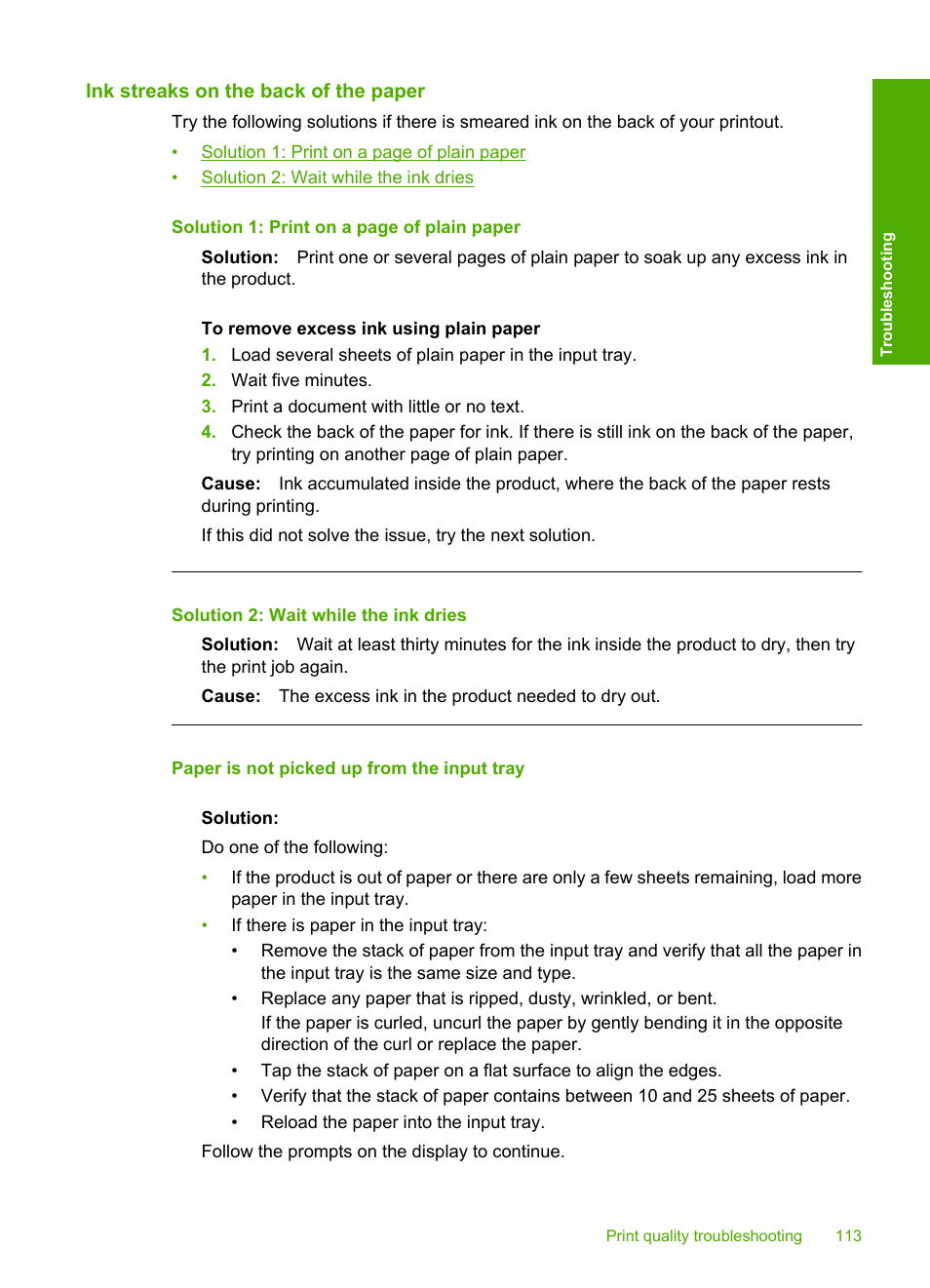 Ink streaks on the back of the paper, Paper is not picked up from the input tray | HP Deskjet F4240 All-in-One Printer User Manual | Page 116 / 227