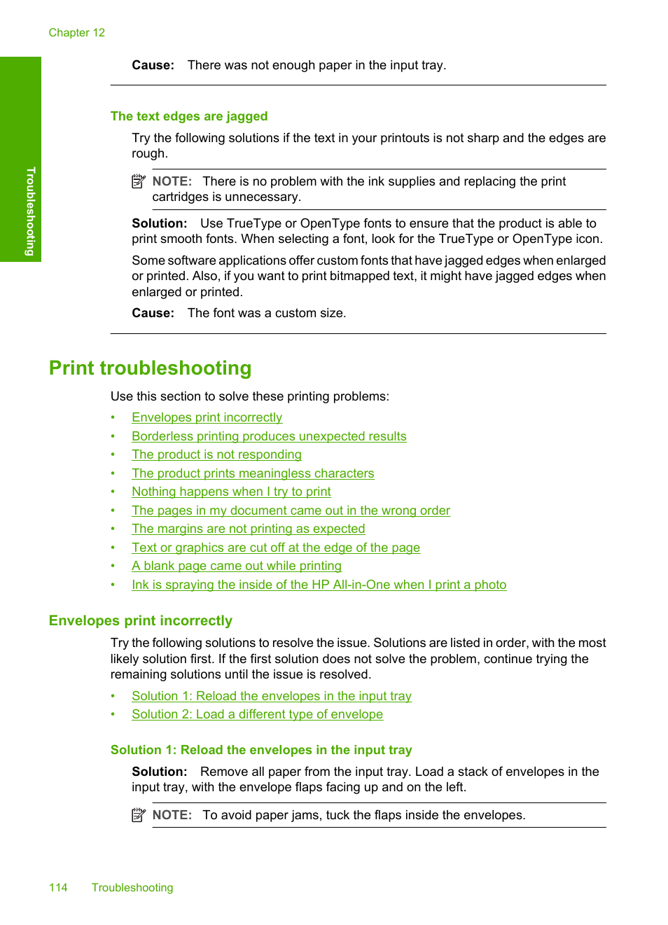 Print troubleshooting, Envelopes print incorrectly, The text edges are jagged | HP Deskjet F4240 All-in-One Printer User Manual | Page 117 / 227