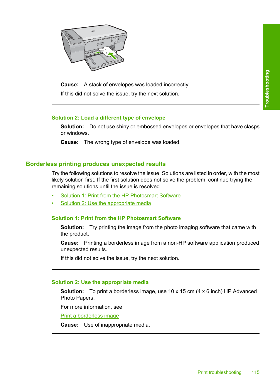 Borderless printing produces unexpected results, Solution 2: load a different type of envelope | HP Deskjet F4240 All-in-One Printer User Manual | Page 118 / 227