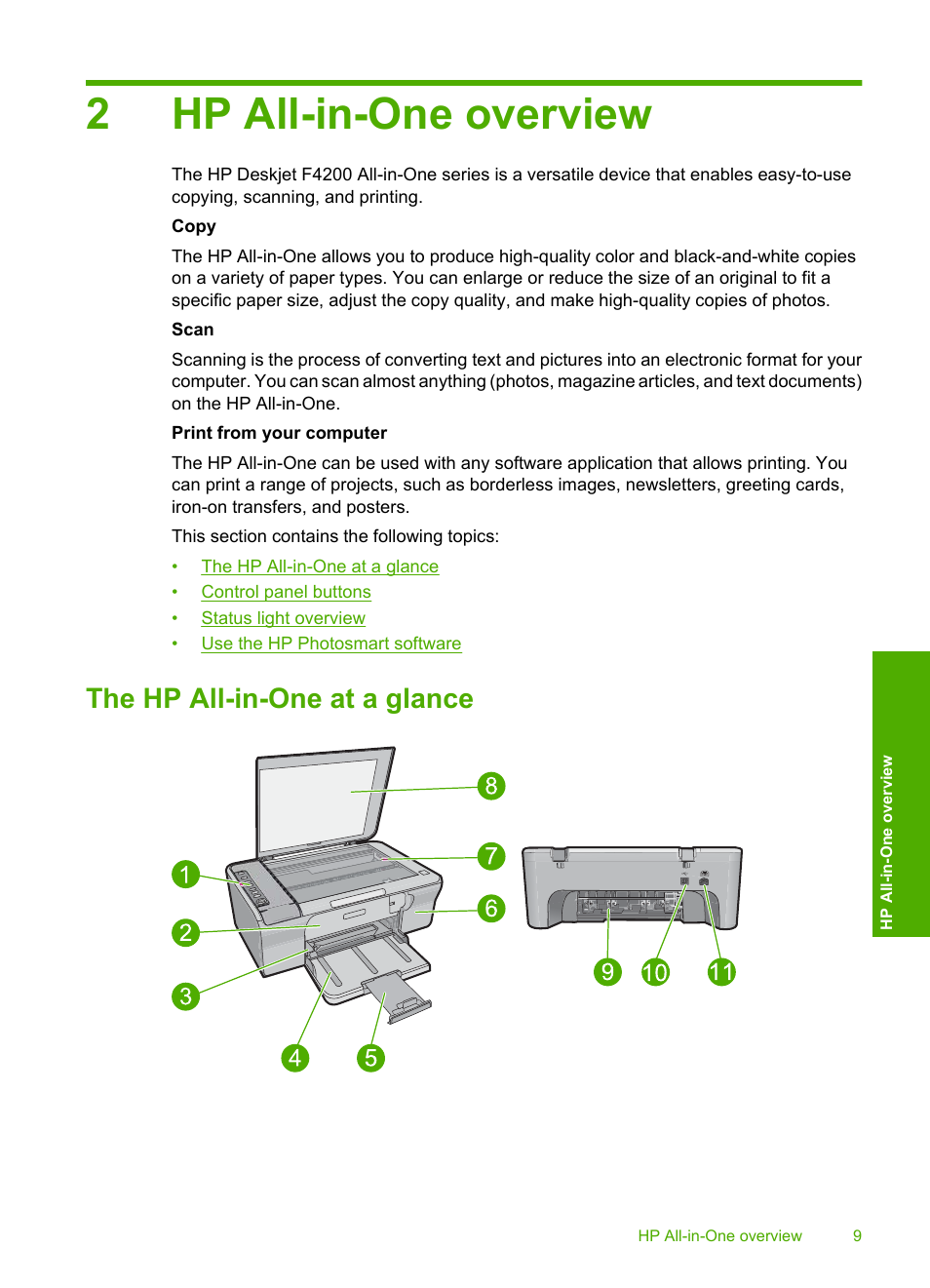 Hp all-in-one overview, The hp all-in-one at a glance, 2 hp all-in-one overview | 2hp all-in-one overview | HP Deskjet F4240 All-in-One Printer User Manual | Page 12 / 227