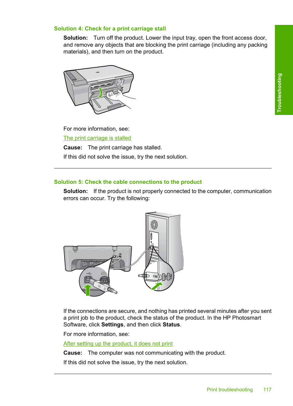 Solution 4: check for a print carriage stall | HP Deskjet F4240 All-in-One Printer User Manual | Page 120 / 227