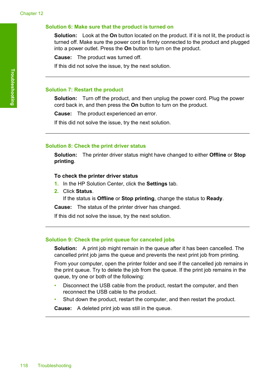 Solution 7: restart the product, Solution 8: check the print driver status | HP Deskjet F4240 All-in-One Printer User Manual | Page 121 / 227