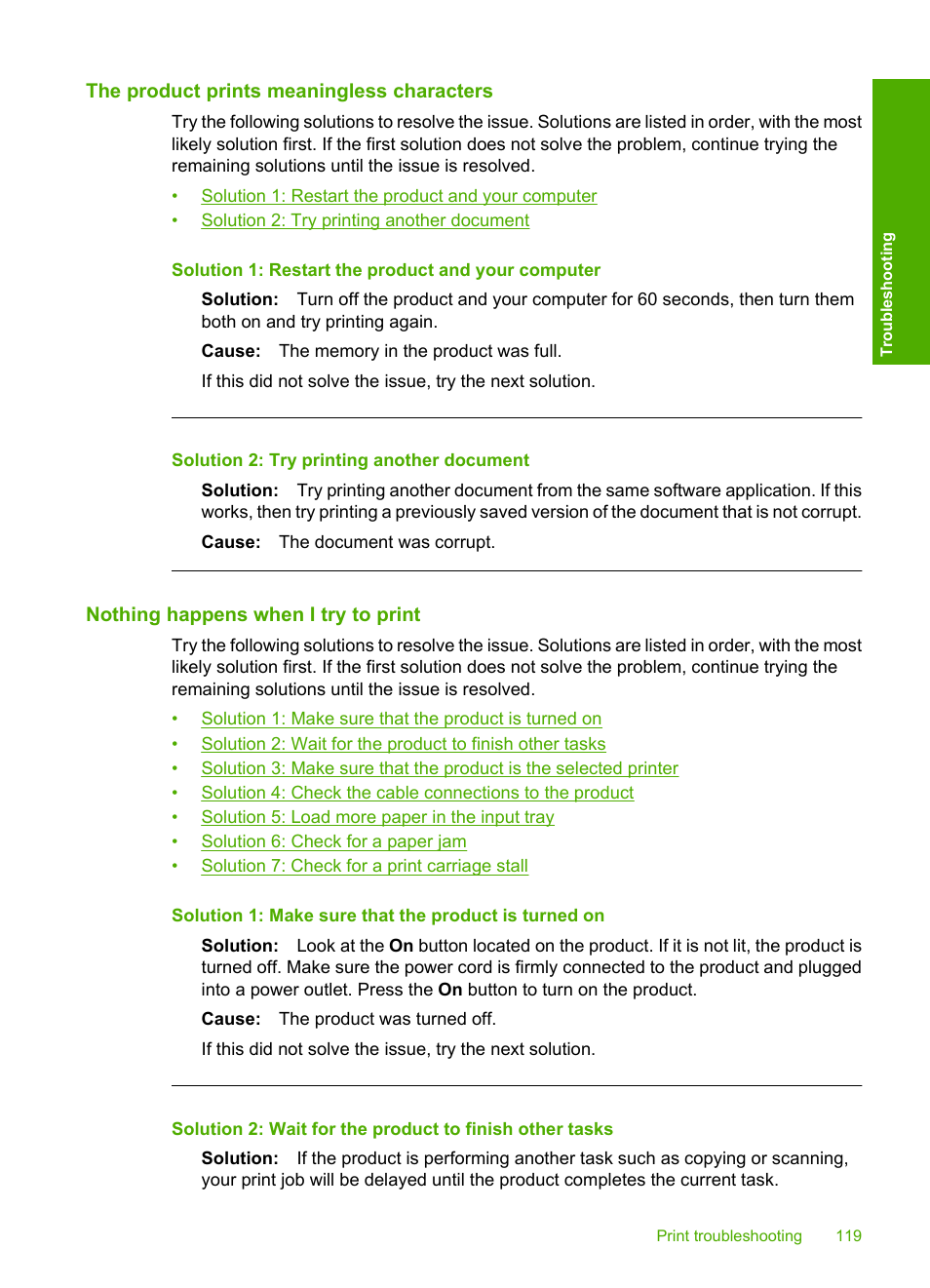 The product prints meaningless characters, Nothing happens when i try to print | HP Deskjet F4240 All-in-One Printer User Manual | Page 122 / 227