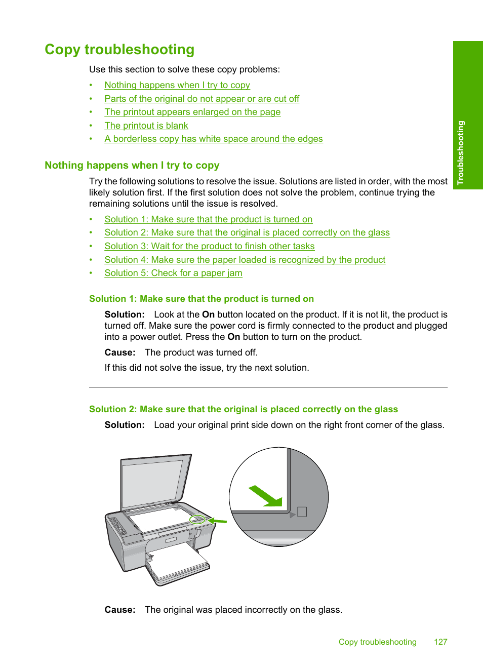 Copy troubleshooting, Nothing happens when i try to copy | HP Deskjet F4240 All-in-One Printer User Manual | Page 130 / 227