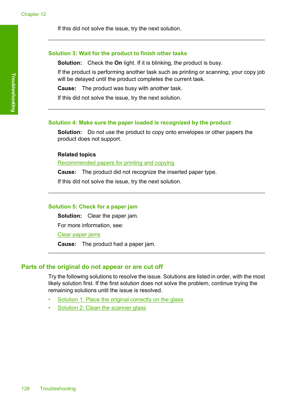 Parts of the original do not appear or are cut off, Solution 5: check for a paper jam | HP Deskjet F4240 All-in-One Printer User Manual | Page 131 / 227