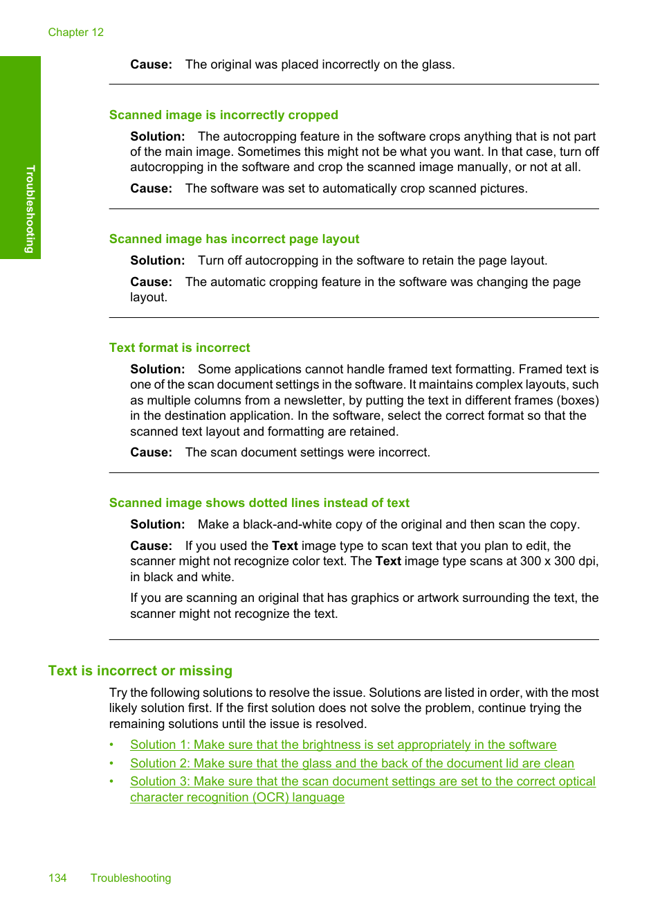 Text is incorrect or missing, Scanned image is incorrectly cropped, Text format is incorrect | Scanned image shows dotted lines instead of text | HP Deskjet F4240 All-in-One Printer User Manual | Page 137 / 227