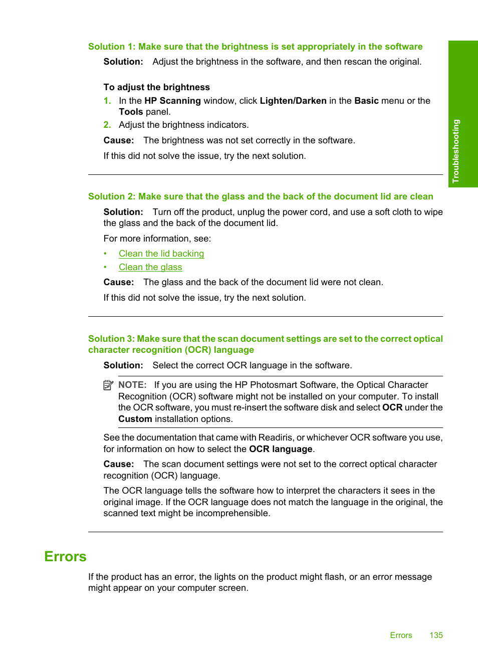 Errors, Flashing lights product messages, File messages | Supported file types for the hp all-in-one, General user messages, Cannot crop, Paper messages, Out of paper, Power and connection messages, Print cartridge messages | HP Deskjet F4240 All-in-One Printer User Manual | Page 138 / 227