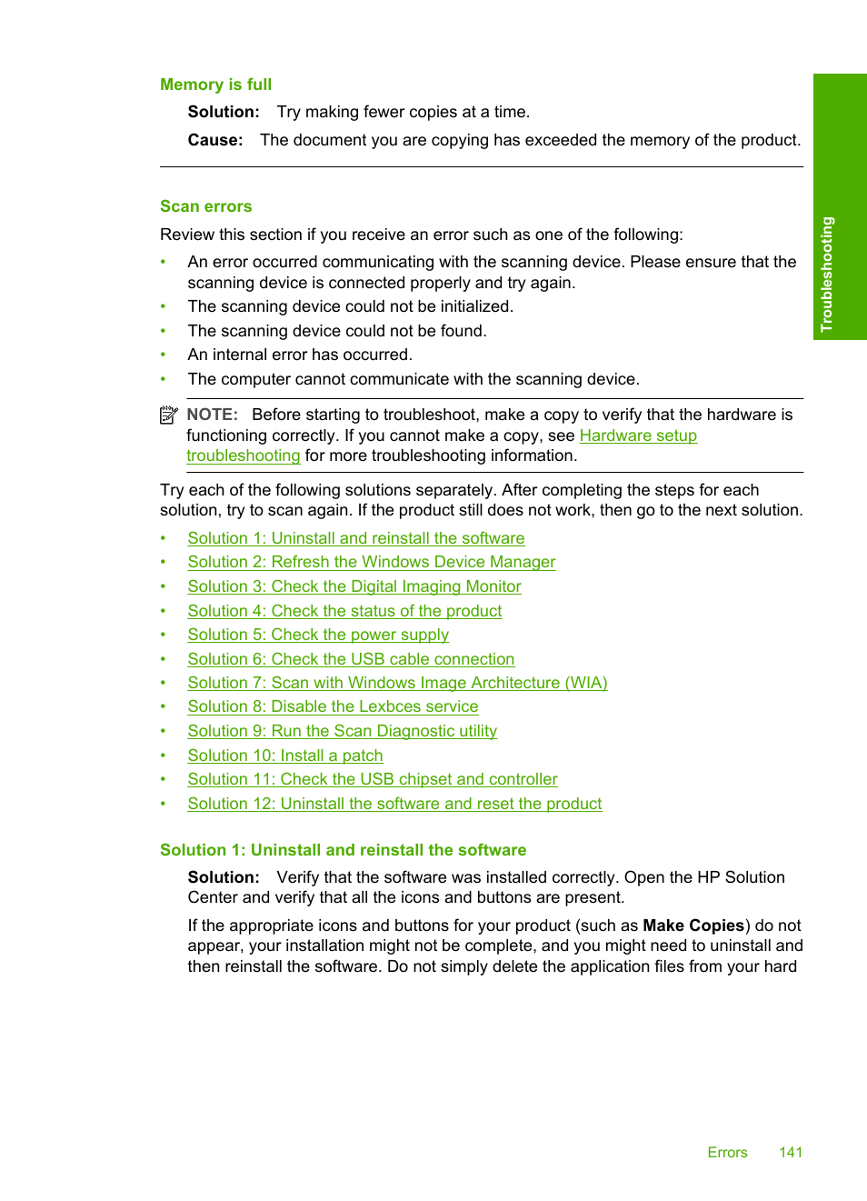 Scan errors, Memory is full | HP Deskjet F4240 All-in-One Printer User Manual | Page 144 / 227
