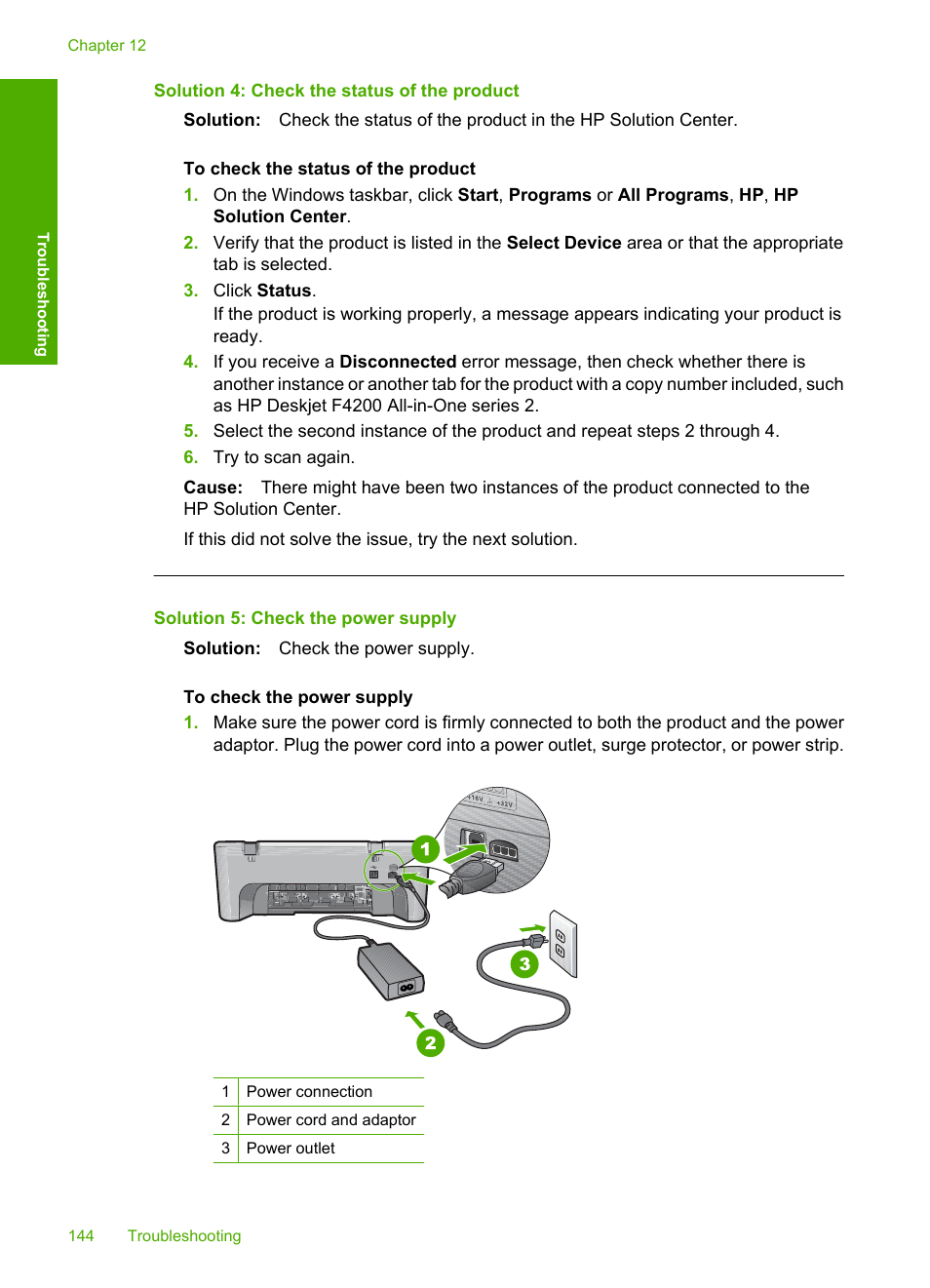 Solution 4: check the status of the product, Solution 5: check the power supply | HP Deskjet F4240 All-in-One Printer User Manual | Page 147 / 227