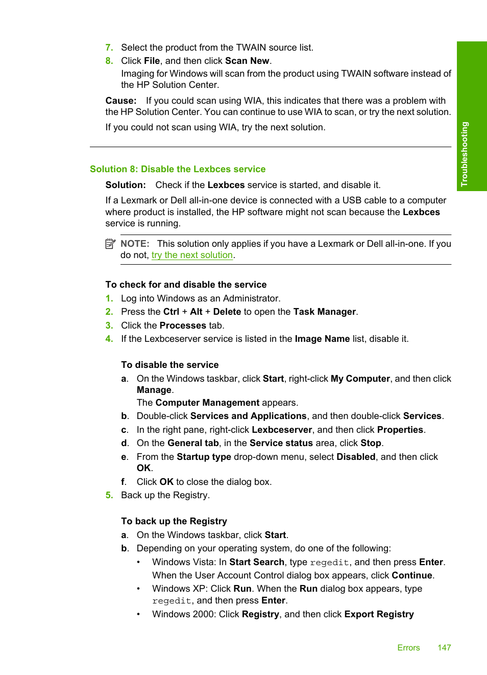 Solution 8: disable the lexbces service | HP Deskjet F4240 All-in-One Printer User Manual | Page 150 / 227