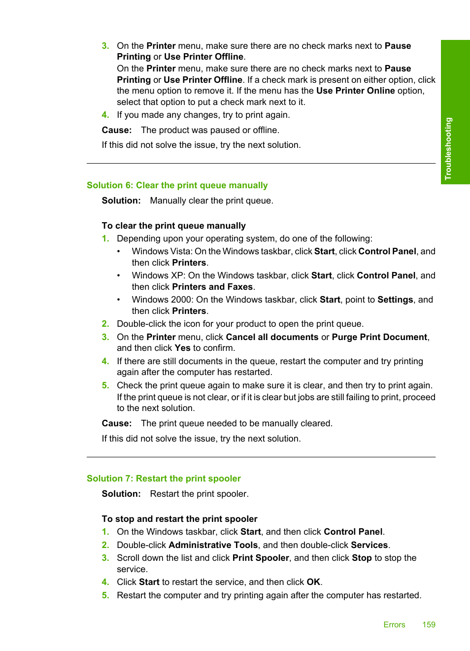 Solution 6: clear the print queue manually, Solution 7: restart the print spooler | HP Deskjet F4240 All-in-One Printer User Manual | Page 162 / 227