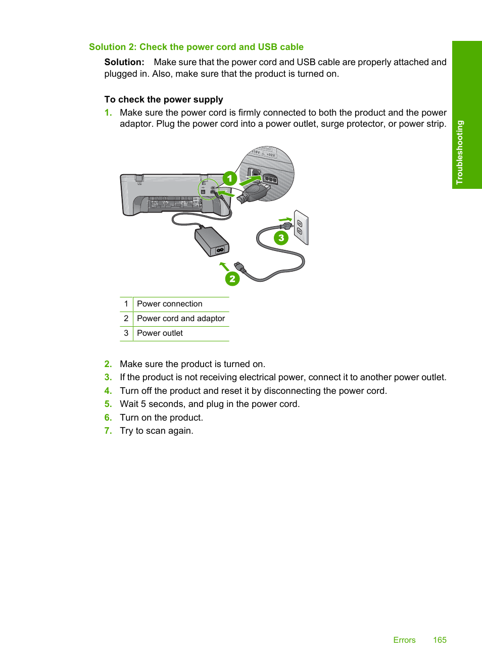 Solution 2: check the power cord and usb cable | HP Deskjet F4240 All-in-One Printer User Manual | Page 168 / 227